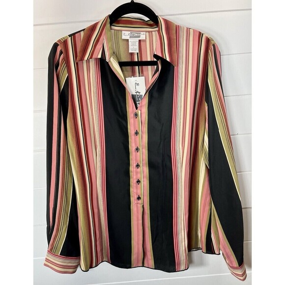 EK Designs Top Women's L Striped Long Sleeve Button Down 70s’ Style Retro*Flaw - Picture 2 of 11